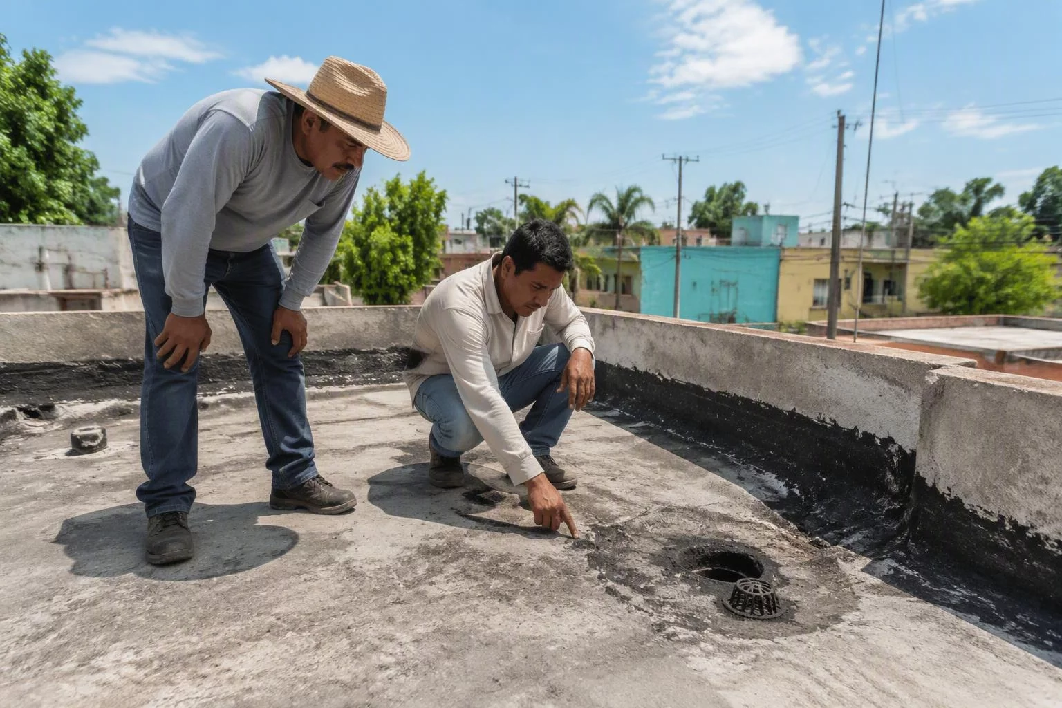 Dos trabajadores revisan la membrana impermeable junto a la coladera de una azotea de concreto